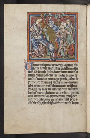 Unicornis (a unicorn), held by a woman, is stabbed with spears by hunters