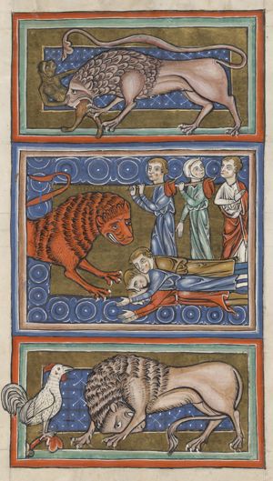 A lion attacking a monkey; men lying prostrate in front of a lion; a lion bowing to a cock