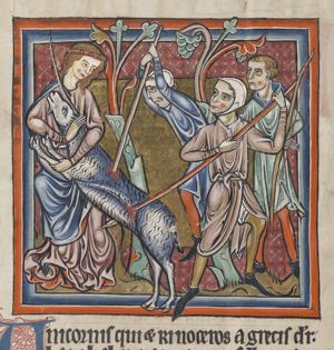 Unicornis (a unicorn), held by a woman, is stabbed with spears by hunters