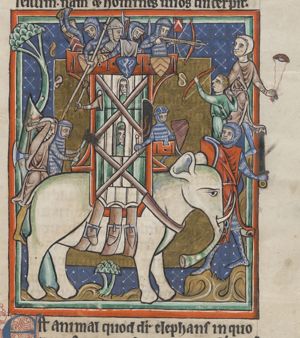 Elephas (an elephant) with howdah (houda) in the shape of a castle