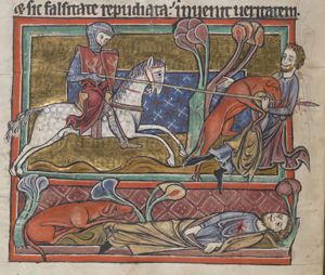 A man killed in a duel; his dog guards the corpse of his master