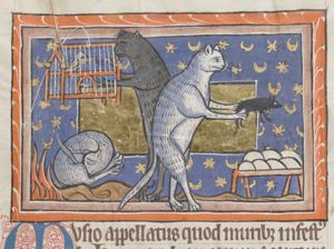 A mouse caught by a cat; another cat reaches for a bird in a cage