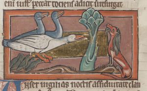 Anser (geese, one of which is held by a dog?)