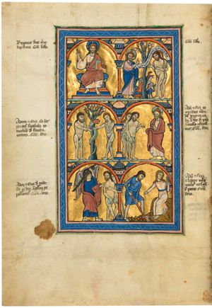 the Creator as Christ enthroned, holding his right hand sidewards in a blessing gesture and holding a book in his left; architectural setting.