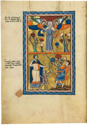 Enoch is carried up towards heaven by two flying angels.