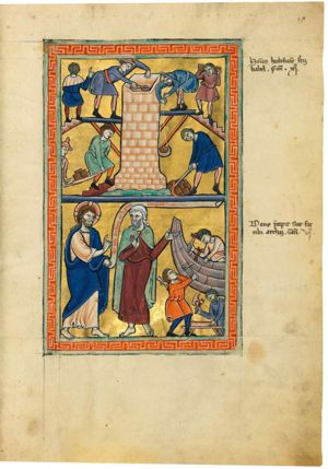the Tower with two scaffolds attached to its sides; a brick-layer at work on the left one, another on the right pulls up stones in a basket; at either side a staircase leads up to the scaffolds; on the right one a man is ascending carrying a large stone on his shoulders; on the other one a man is seen in back view, standing on a flight of steps, pointing upwards with his right hand raised; on the ground two men carry stones on a barrow and one man is chopping stones with a hoe(?).