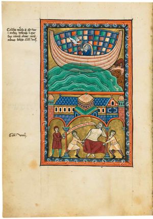 Noah, in the doorway of the Ark, raises his hands with the palms towards each other, to receive the dove returning with an olive-branch; a raven is eating from a floating carcass.