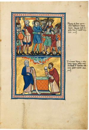 surrounded by his soldiers who attack the four kings with their swords, Abraham, clad in short tunic and chlamys(?), holding his lance in his right hand, stretches his left hand forward, which is seized by Lot; severed heads of the four kings' soldiers fall to the ground.