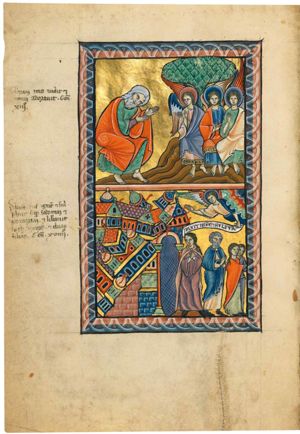 to the left Abraham is bowing before the three angels, stretching his hands forward with the palms towards each other; the angel, seated closest to him turns his head to his right and holds his right hand in front of his chest with the palm in front view; the others are seated, seen frontally, the one in the centre holding his right hand in front of him with the index and little finger upwards (`cornuto').