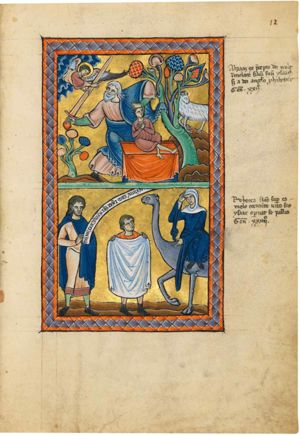 when Abraham, turning his head to his right, stretches his right hand with the sword backwards, holding Isaac, who is sitting on an altar with one leg straight and the other one drawn up and with his tied hands crossed over his chest, by his hair with the left, an angel appears in heaven, who has both hands stretched forwards, seizes the sword with his left and makes a speaking gesture with the right with which he also points at the ram in the thicket; a second tree is standing to Abraham's right.