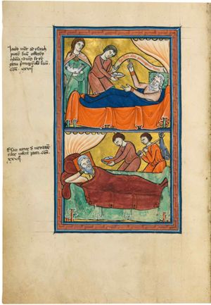Isaac holds his right hand upwards in a blessing gesture and his left hand forward; Jacob, both his hands forwards, offers him a bowl with his right hand, holding an inscribed scroll in his left; to the left Rebekah holds a goat in her arms in front of her; a curtain above Isaac's head.