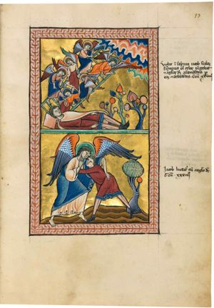 while he is sleeping on the ground, on his back with his hands held down alongside his body and a stone for pillow, a ladder is reaching from earth to heaven with six angels going up and down in a circle; shrubs at Jacob's feet.