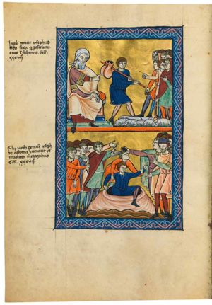 Jacob sits on the left with his left hand on his knee, his right hand pointing sidewards to his left: Joseph walking to his brothers, carrying a staff on his shoulder with a bag over it; his brothers see him coming and make various gestures: one holds his left hand in front of his chest pointing, one stretches his right hand forward in pointing and one holds his right hand downwards with the palm in front view; two are wearing their hoods over their head; one holds a shepherd's crook; a herd of very small sheep.