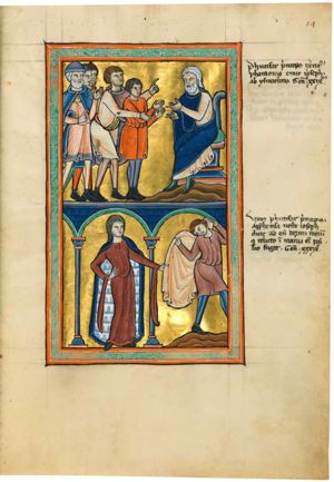 Potiphar, seated to the right, holds both hands forward, with the palms turned up; Joseph - also with both hands forward, but with the palm turned towards each other - is brought before him by the Ishmaelites, one of whom pushes Joseph's right arm forward from behind, while making a speaking gesture with his left hand forward; one of the others, wearing a hat, holds his left hand up, with the palm in front view and his right hand in front of him in a gesture of speech.