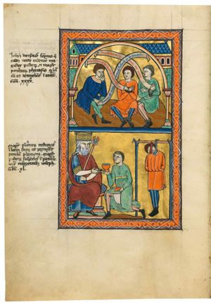 Joseph, to the left, resting his chin in his left, his elbow on his knee, and holding an inscribed scroll in his right hand, looks at the baker and the butler, who are both in fetters, hands crossed over the chest; architectural setting.