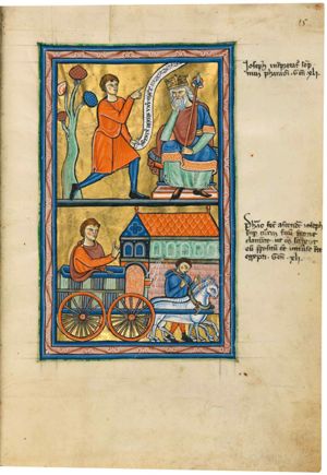 Joseph, falling to one knee, holds his right hand forward in a gesture of speech and holds an inscribed scroll in his left hand; Pharaoh sits to the right with his chin in his right hand, elbow on his knee; he holds a sceptre in the left; a tree behind Joseph.