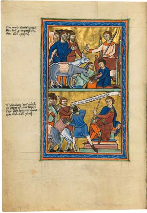 Joseph sits to the right, holding a sceptre in his left and stretching his right hand forward in a gesture of speech; one of his brothers holds his left hand forward with the palm in front view and hits one of the donkeys, arriving from the left with empty sacks on their backs, with the whip in his right; another one of the brothers wears a hood, while a third one holds his left hand forward in a gesture of speech; a servant pours corn from a winnow into a sack held by another brother who is kneeling on both knees.