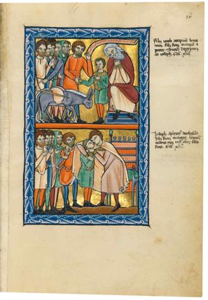 before Jacob, sitting to the right, wringing his hands - his head slanting to his right - Judah takes Benjamin by the hand, holding an inscribed scroll in his left hand; Benjamin, a boy, holds his right hand forward and his left hand in front of his chest; two donkeys arriving from the left, carry sacks on their back which are closed with a pin; the brothers, one of whom has his hood pulled over his head, make various gestures: one turns his head to his left, looking at Benjamin, but pointing down to his right with his left hand; two others hold their left hand forward with the palm in front view; one holds a stick above the donkeys.