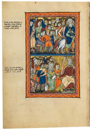holding a staff in his right hand, Jacob rides to the right on an ass; his family follows him, partly mounted, partly on foot; two men, one of whom wears a hat, like some of the others, are carrying a child on their shoulders; to the left a woman is riding side-saddle, on a donkey, holding a swaddled child with both arms in front of her, while a man, who is wearing a hat, leads the donkey by the reins, carrying a bag over a staff with his other hand and turning his head back to his right; one man holds his right hand in front of his head in a gesture of speech; one man hits a donkey with a whip.
