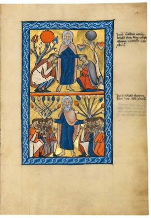 Jacob is standing between Manasseh, who is crouching and Ephraim, who kneels on one knee, and is blessing them by putting his hands with his arms crossed, on their head; they both stretch their arms forward with the palms of their hands turned to each other; two trees flank the scene.