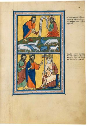 Moses, standing on his right foot, already bare, has his left leg drawn up, while removing his shoe; he listens to God, appearing - as a bust - in the burning bush, with the left hand in front of his chest in a gesture of speech and with an inscribed scroll in the right;