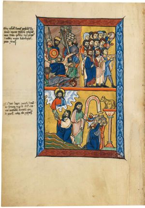 Moses(?), holding a psaltery(?), in his covered left hand, turns his head to his right, holding his right hand in front of his chest in a gesture of speech; Aaron(?), to his right, brings his left hand to his head; several Israelites playing musical instruments: tambourine, fiddle and harp; one of them carries a bag over a staff; one man turns his head backwards to his right and, making a speaking gesture with his left hand in front of his chest, he looks at Pharaoh and his army, engulfed in the Red Sea.