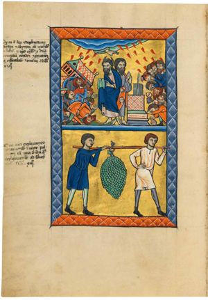 Korah and his followers, holding censers, are facing Aaron, who is also holding a censer; the rebels are destroyed by the fire of the Lord, who is represented by the `Dextera Dei' stretched from heaven in a blessing(?); between Aaron and the rebels is an altar with the flowering rod in between the twelve rods; to the left rebels are swallowed by the ground(?), while buildings collapse, also hit by the fire from heaven; these rebels face Moses, who holds the tables of the law in his covered right and makes a gesture of speech with his left hand in front of his chest.