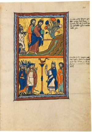 Moses, with the tables of the law in his covered left, holds his right hand downwards, striking with his staff; the Israelites are catching water in and drinking it from bowls; animals drinking; a tree.