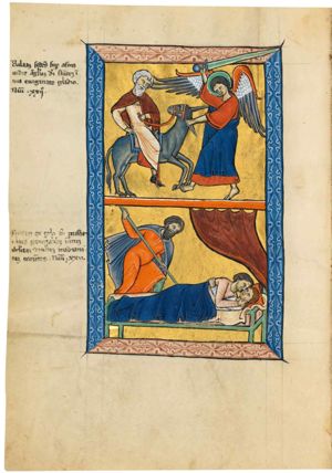 seizing the ear of Balaam's ass with his left hand, the angel threatens it with the sword in his raised right hand; the animal turns his head back to his right, looking up at its master, who is holding a whip in his right.