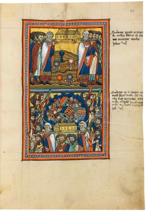 Levites carry the ark on poles on their shoulders to Jericho; they are accompanied by the other Israelites, one of whom makes a gesture of speech with his right hand in front of his chest.
