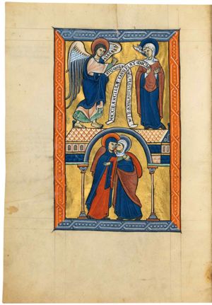 Mary standing to the right, holding an inscribed scroll in her right hand and with her left hand in front of her chest with the palm in front view, is visited by Gabriel, also holding an inscribed scroll, but in his covered left, while he stretches his right hand forward in a gesture of speech; the Holy Ghost descends as a dove.