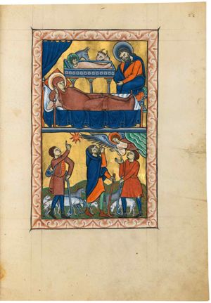 Mary reclining in bed, supporting her head with her right hand; Joseph seated at her feet, to the right, resting his head in his hand; the Christ -child in the manger, which rests on columns (altar?) - with the ox and ass -behind the bed; a curtain above it.