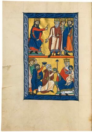 king Herod, seated at the left with his left hand on his knee, stretching his right hand sidewards to his left in a gesture of speech towards the Magi before him; two of them hold a staff; the foremost holds his right hand down with the palm in front view; the other two seem to be walking away to the right; the central one with his hand in front of his chest with the palm in front view, the one on the right turning his head back to his right, while pointing forward with his right hand in front of his chest, with which he also holds his staff.