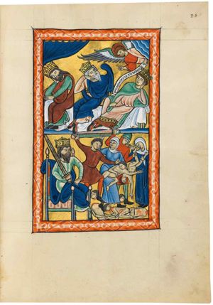 the three Wise Men, sitting with their head resting in their hand, two of them asleep, the third looking up from one eye, and raising his covered left hand, are warned in a dream, by a flying angel who appears from heaven and stretches his right hand forward in speaking, while holding an inscribed scroll in his left, not to return to Herod; curtain.
