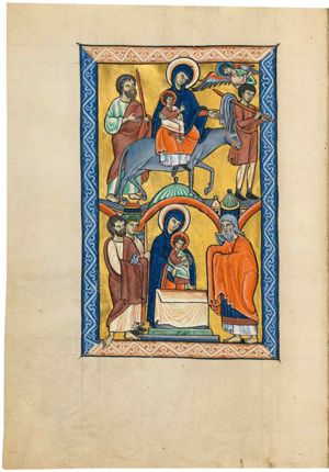 James the Less, a staff over his shoulder with a cloth over it, leads the ass; a flying angel, pointing wiht his right hand sidewards to his left, shows the way; Mary, holding the Christ-child, who makes a blessing gesture with the right hand forward and holds a closed scroll in his left, stretches her left hand forward with the palm in front view; Joseph, barefoot, holding a staff, follows them.