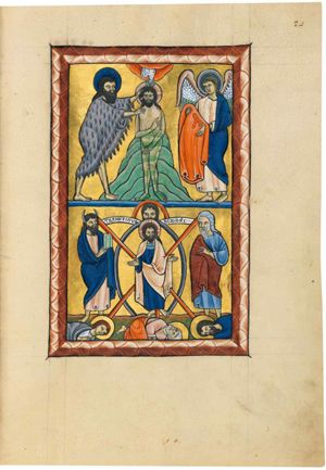 John the Baptist stands at Christ's right, touching his head and shoulder; the Holy Ghost in the form of a dove descends upon Christ, who holds his right hand in front of his chest; an angel is holding his clothes.