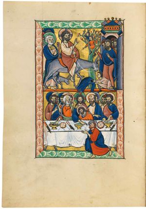 people, leaving the city-gate, spread their clothes and wave palm-branches before Christ, who rides on the ass from left to right, with both hands forward, the right in a gesture of blessing, holding the reins with the left; Peter, leading the apostles behind Christ, holds his right in front of his chest and a key in his left.