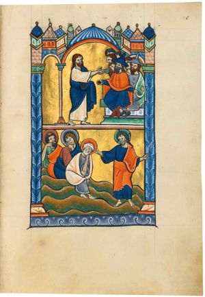 Judas on the left, is shaking hands with one of a group of priests, standing behind two other priests, who are sitting on a bench; the foremost sits with both arms sidewards, holding coins in his right hand and the palm of his left in front view; the one on the far right holds his left hand in front of him in a pointing gesture; the two foremost priests wear Jew-hats; architectural background.