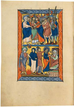 accompanied by armed soldiers, holding a torch and lantern and wearing Jew -hats, Judas, coming from the right, kisses Christ, while embracing him; Christ stretches his right arm forward, touching Malchus, who stretches his left hand forward and whose ear is cut off by Peter, standing behind Christ; one of the soldiers holds his left hand in front of his chest in a gesture of pointing (or speech?); another one holds his right hand forward with the palm in front view.