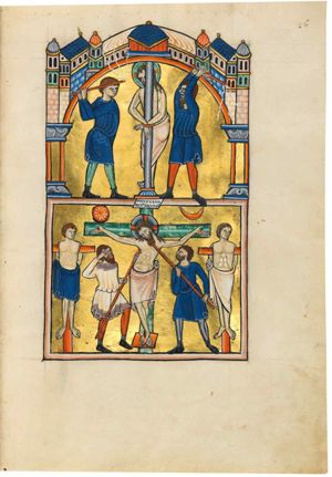 two men flog Christ, who is tied to a column with bare torso, while standing behind is, but with his crossed hands tied together in front of it; the man on christ's right holds his whip with both hand sidewards behind him, the one on His left with both hands raised; architectural background.