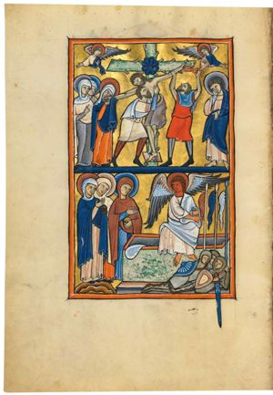 Nicodemus and Joseph of Arimathea take down Christ's body from the cross; Nicodemus pulls the nail from Christ's left hand with a pair of tongs which he holds in his right hand, while he holds Christ's arm with his left; Joseph supports the body of Christ, sinking to its right, putting both arms around it; Christ's sidewards stretched right arm is held by the wrist by Mary with both hands, of which the left is covered, against her cheek; John, on the right, holds his right hand against his head and pulls up his cloak with his left; two other women (Mary's) behind the Virgin; one of them holds her right hand in front of her chest in a gesture of speech; Christ's feet rest on the suppedaneum; the cross is made of branches; on both sides of it: a floating angel-bust with one hand in front of the chest and the other hand sidewards - both with the palms in front view -; at the crossing of the bars: a shape like an octagonal rosette.