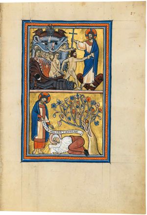 Christ, standing at the right on the doors of hell, stabs Satan who lies in fetters, with a cross which he holds in his right hand; he turns his head to his right, while holding the wrist of Adam , who is holding that of Eve in his turn; Eve covers her nakedness; the entrance of hell is represented as monstrous mouths; a man in one of these mouths stretches both hand with the palms up forwards towards Christ; a group of people is held by monstrous claws.