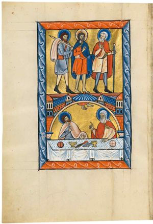 Christ, dressed as a pilgrim - a short tunic and cape and a pilgrim's bag - betweend cleopas and Peter; he has his left hand covered by his cape and his right hand in front of his chest in a gesture of speech(?); on of the disciples walks in front of him - also in tunic and mantle and holding a pilgrim's staff in his left - and turns his head back to his right, holding his right hand in front of his chest with the palm in front view; the other one follows Christ, carrying his staff with a cloth (his mantle?) over his shoulder.