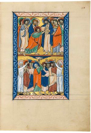 with his left hand covered, Thomas touches with his out-stretched right hand the wound in Christ's side, which Christ exposes by pulling up his tunic; of the other apostles, looking at Christ and Thomas, one holds his right hand in front of his chest in a gesture of speech, another holds his left hand in front of him.