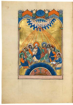the Holy Ghost descends from heaven upon the apostles, seated on a semi- circular bench, making various gestures; in the centre of the group: Peter, holding a closed scroll in his left and with his right hand in front of his chest, and Paul, also with a closed scroll in his left, but with his right hand raised, with the palm in front view; far left and right two more apostles hold closed scrolls; the one on the left holds his right hand forward in a speaking gesture, the one on the right stretches his right hand forward with the palm in front view; the one next to him holds both hands forward; two other apostles hold their right hand in front of their chest in a gesture of speech; one holds a book in his coverd left, turns his head to his right and holds his right hand in front of his chest; belkow the feet of the apostles: a symbolic semi-circular wall(?) below which a group of trees; architectural background.