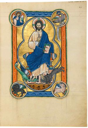 Christ enthroned in mandorla, holding a sealed book with his left hand and making a blessing gesture with his right hand in front of his chest; his right foot rests on the head of a dragon, his left on that of a lion; in medallions on the four corners of the frame: symbols of the evangelists with book, except for the eagle who has an inscribed scroll.