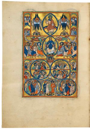 upper register: Christ on a rainbow in a mandorla, blessing with his right hand raised, holding an open book with his left; at his right and left: Cherubim; on the far right and left: angels, two playing a fiddle, two holding inscribed scrolls; second register: Mary enthroned in a mandorla, holding her hands in front of her with the palms of the hands in front view; three angels, two of which are flying, "carry' the mandorla; at either side of her: the twelve apostles, seated, divided into two groups; Peter, holding keys in his left and with his right hand forward in a speaking gesture, closest to her on her right; Paul, with his right hand raised in blessing(?) gesture, closest to her on her left; several of the apostles hold one hand in front of their chest, one with the palm in front view, one in a gesture of speech; one holds his right hand sideways with the thumb and middle finger touching; third register: two medallions, divided in two by an horizontal bar, with bust of male and female saints, making various gestures; some hold books, some palm-branches, some ointment-jars; one of the four groups wears crowns; to their left and right: angels playing harp; two inscribed scrolls above these angels; between this and the fourth and last register: the Lamb of God; the last register: three medallions with standing saints, making various gestures somparable to those mentioned above; some have their hands covered; four angel-busts between these three medallions.