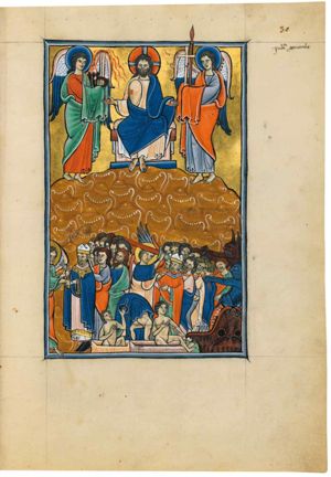 Above: Christ enthroned as heavenly judge, his torso half bare, showing his wounds with his arms sidewards with the palms in front view; at his right an angel holds the scourge, the crown of thorns and the nails with both hands covered; at his left a second angel holds the lance and the cross, also with both hands covered; below: at the left an angel stands, who turns his head to his left and grabs with both hands the hands of a bishop who holds his right hand forward with the palm in front view; the bishop is followed by a group of arisen souls; a second angel stretches his right hand forward, holding a sword, with his left he pushes against the shoulder of one of two bishops facing him, who are heading the group of damned souls; one of these bishops holds his left hand in front of him; two dead arise: they step out of a tomb, both with their right hand in front of their chest, one raising his left with the palm in front view, the other holding his left hand down; two devils in phantasy shape are pulling the group of damned back into the entrance of hell, represented as a monstrous mouth, with the help of a large rope, slung around them.