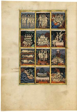 souls as standing figures, nude, with both hand in front of their chest with the palms in front view.