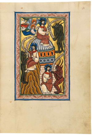 Satan, a devil in phantasy shape, with both hands in front of hist chest, holding stones in his left and an inscribed scroll in his right hand, asking Christ, who is seated with his arms in front of his body, holding a scroll in his left hand, to `command these stones to become loaves of bread'.